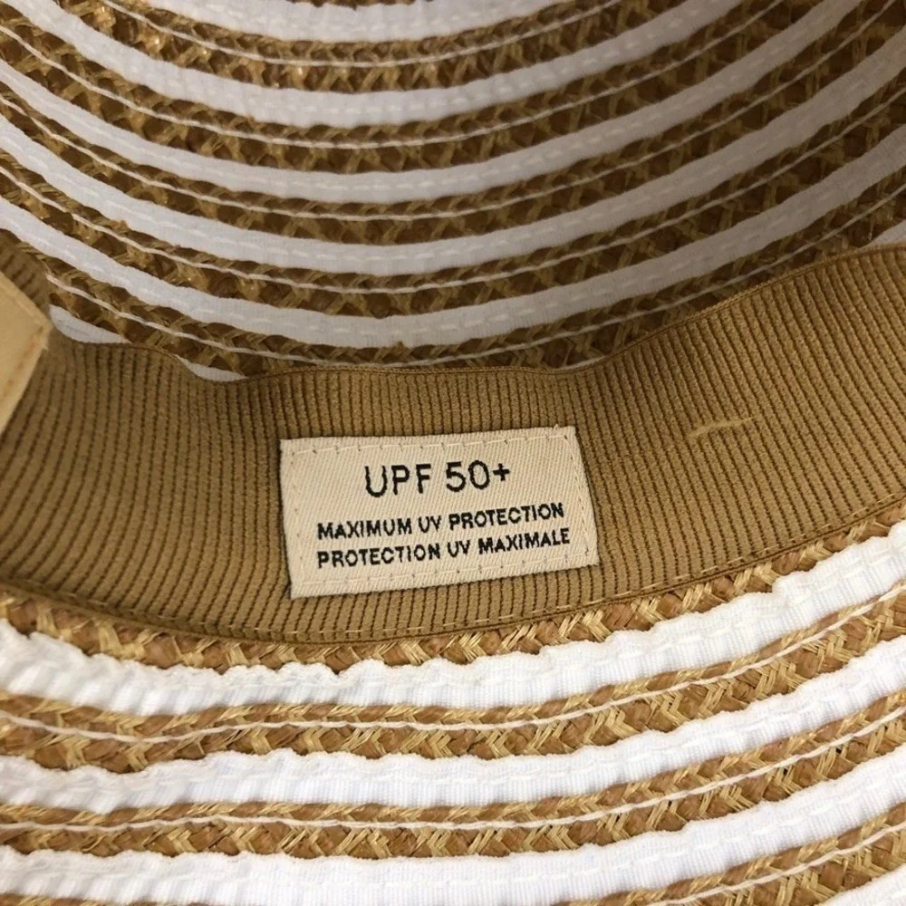 Eric Javits Sun Hat Womens O/S Tan White Striped Squishee Wide Brim UPF 50+ - Picture 5 of 8
